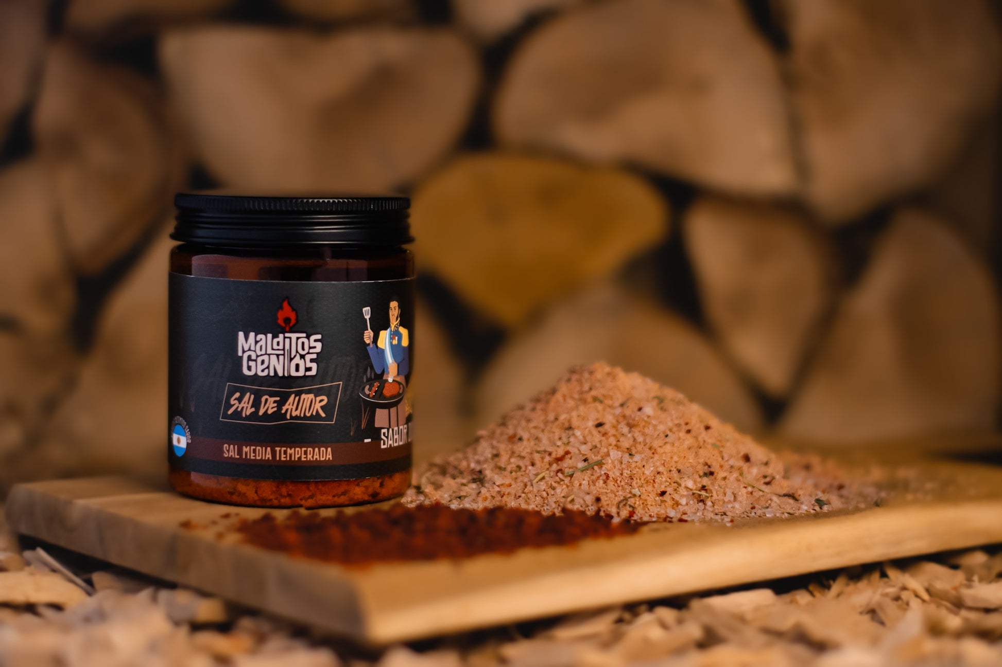 Frasco de Sal de Campo Clássica da Malditos Genios, sal artesanal com ervas argentinas